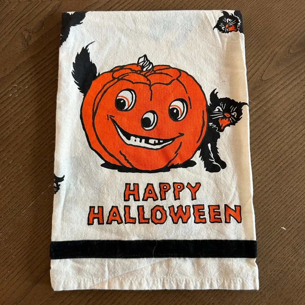 Primitives by Kathy Halloween Kitchen Towel Vtg Style Pumpkin Black Cat Cotton